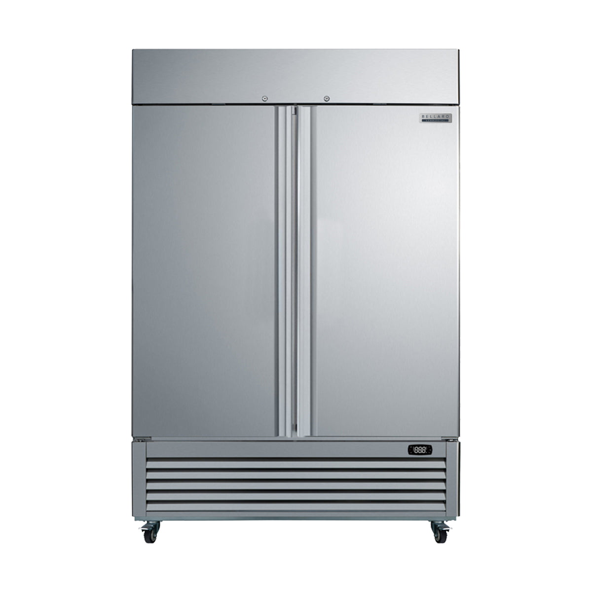 Bellaro Commercial 139.7 cm, 1,387.5 L convertible reach-in refrigerator and freezer shown from the front on a white background, with two closed stainless-steel doors, vertical recessed handles, lower ventilation grille, digital temperature display and heavy-duty casters.
