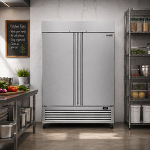 Bellaro Commercial 139.7 cm, 1,387.5 L two-door convertible reach-in freezer positioned in a professional restaurant kitchen, surrounded by stainless-steel prep surfaces, shelving and fresh food ingredients for a realistic commercial food-service setting.