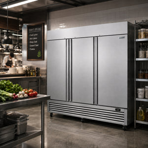 Bellaro Commercial 209.7 cm wide, 2,039 L three-door convertible reach-in freezer shown in a professional commercial kitchen setting, providing large-capacity cold storage for restaurant food and frozen ingredients.